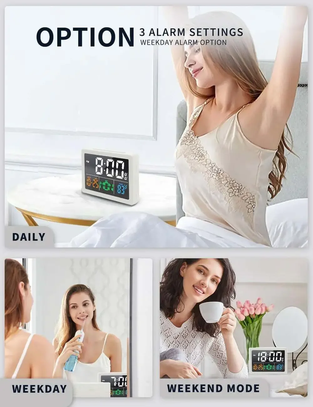 Digital Alarm Clock with Date and Temperature, 5.5 Inch HD Display, Dual USB